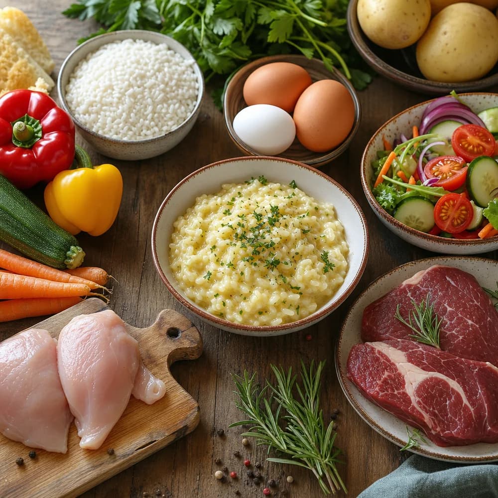 Verschiedene glutenfreie Gerichte und Zutaten auf einem rustikalen Holztisch – Reis, Gemüse, Eier und frische Kräuter