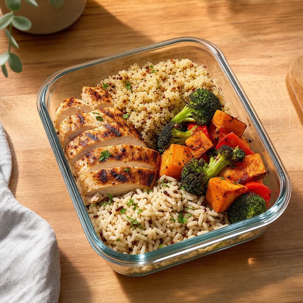 Meal Prep Wochenplan – vorbereitete Mahlzeiten in Glasbehältern auf einem Holztisch
